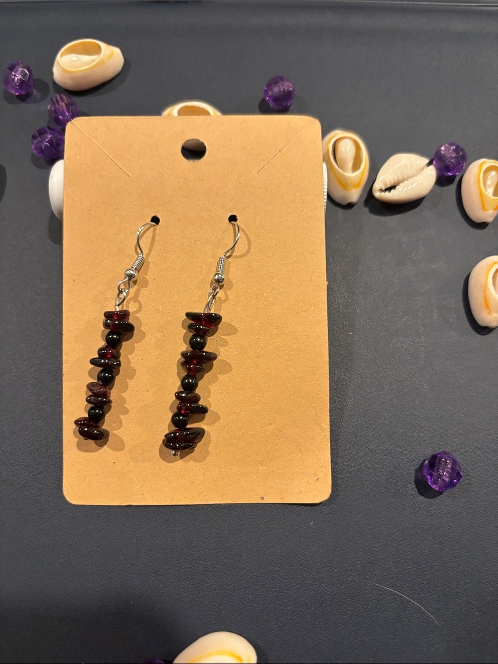Handmade Garnet Chip Drop Earrings - Deep Red